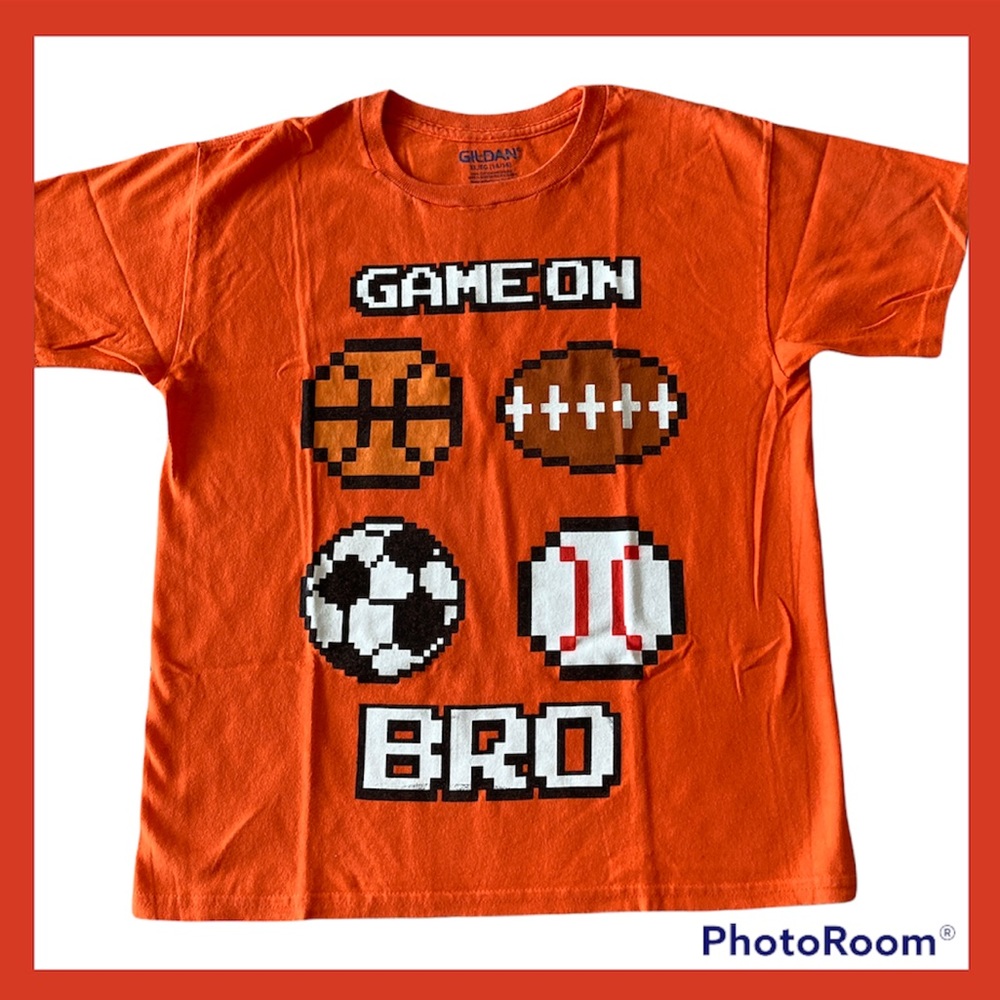GAME ON Orange T-Shirt Kids GILDAN Size XL(14/16)